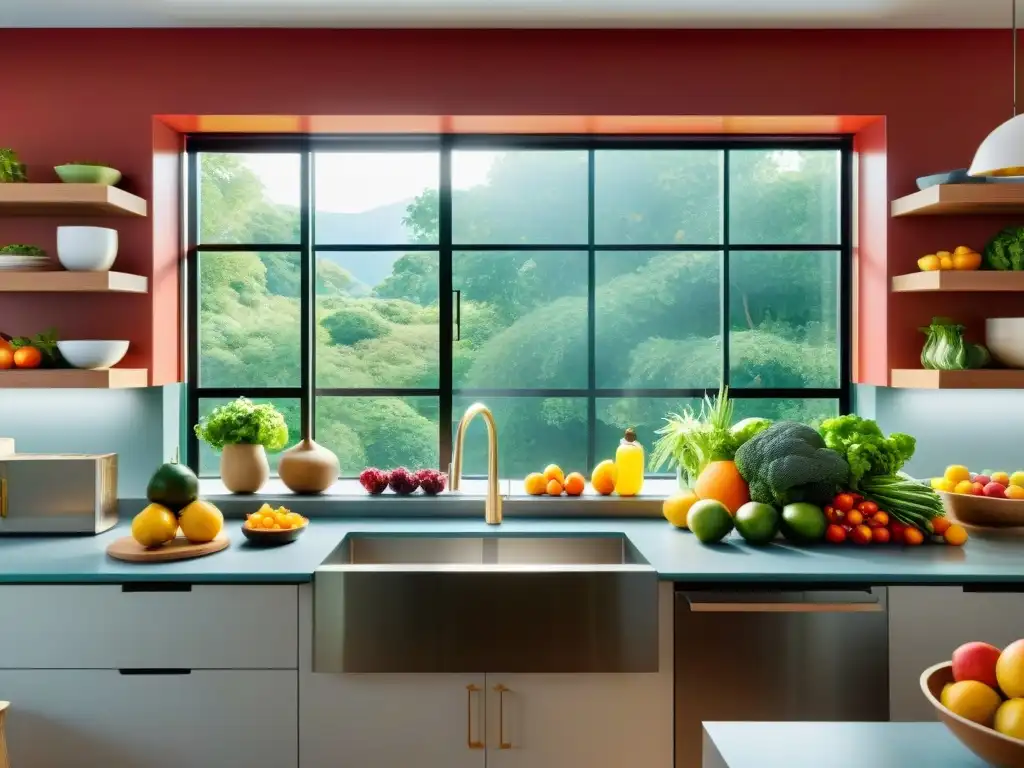 Cocina moderna con superalimentos para la mente Moderna cocina con alimentos coloridos y nootrópicos de élite para dieta, bañada por luz natural