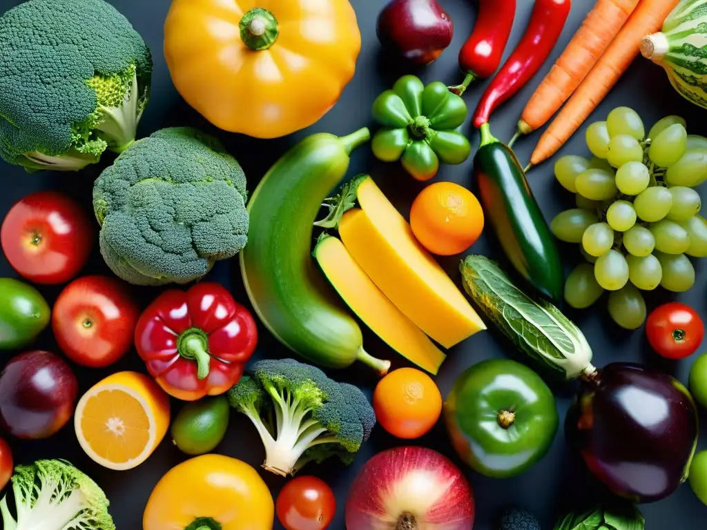 Patrón vibrante de frutas y verduras frescas - Nutrición para el cerebro Composición moderna de frutas y verduras frescas, vibrantes y coloridas