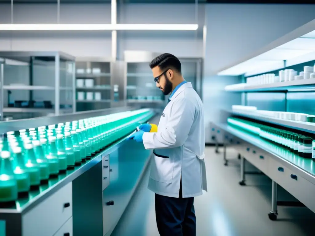 Moderna planta de suplementos: calidad y seguridad garantizadas Una moderna instalación de fabricación de suplementos nutricionales muestra equipos de última generación y empleados en batas blancas inspeccionando productos