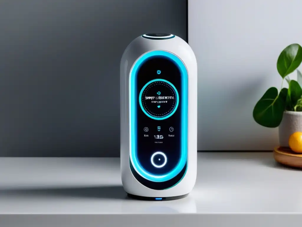 Dispensador inteligente de píldoras: gestión y seguimiento avanzado Un moderno dispensador inteligente de suplementos con comunicación, en un entorno sofisticado y tecnológico