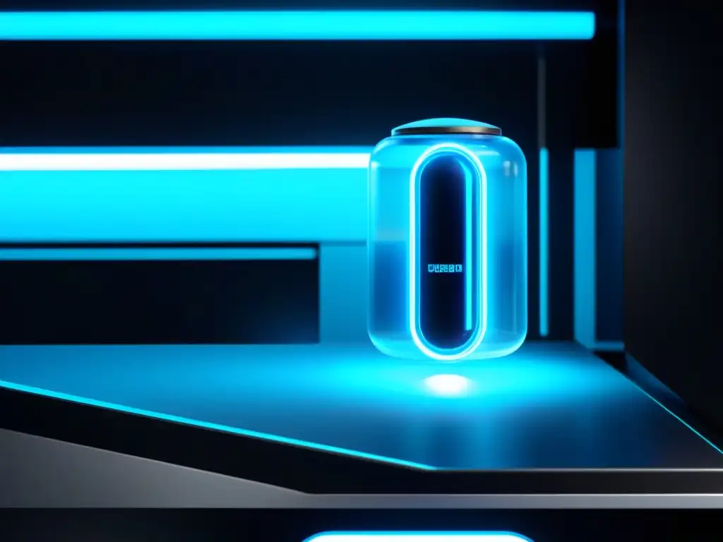 Dispensador de píldoras futurista con iluminación azul Un moderno dispensador de pastillas para suplementos avanzados energía celular deportiva, con pantalla digital y luz azul suave, en un entorno científico de vanguardia