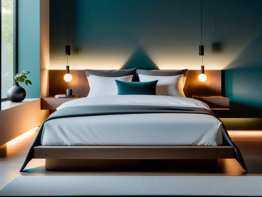 Diseño minimalista para el descanso y recuperación óptima de atletas Moderno dormitorio con suplementos de sueño para deportistas, iluminación suave y ambiente relajante, ideal para el descanso óptimo