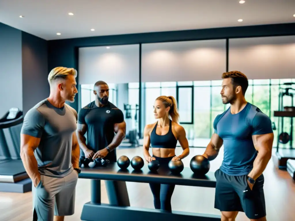 Estudio fitness de lujo con entrenadores expertos Un moderno estudio fitness donde expertos revelan secretos de suplementos profesionales