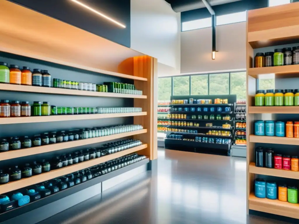 Gimnasio moderno con suplementos ecofriendly y deportistas activos Moderno gimnasio con estantes de suplementos deportivos ecofriendly y etiquetas detalladas sobre su huella de carbono, enérgico ambiente de fitness