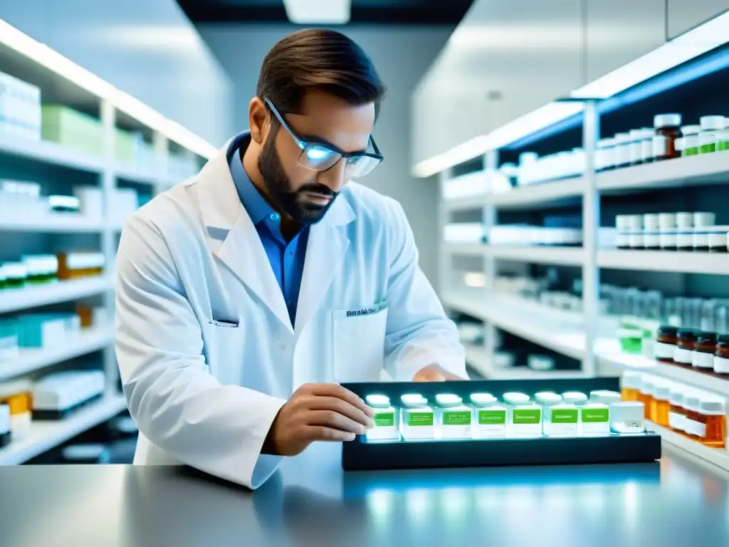 Moderno laboratorio de suplementos con científico examinando muestra Un moderno laboratorio con suplementos naturales y sintéticos organizados, científico examina bajo microscopio