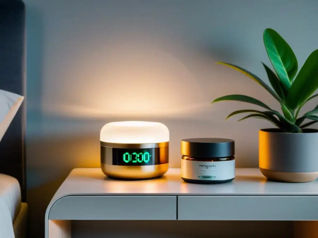 Noche de serenidad: moderno nightstand con lámpara y plantas Un moderno nightstand con suplementos de magnesio para dormir, lámpara metálica y ambiente relajante