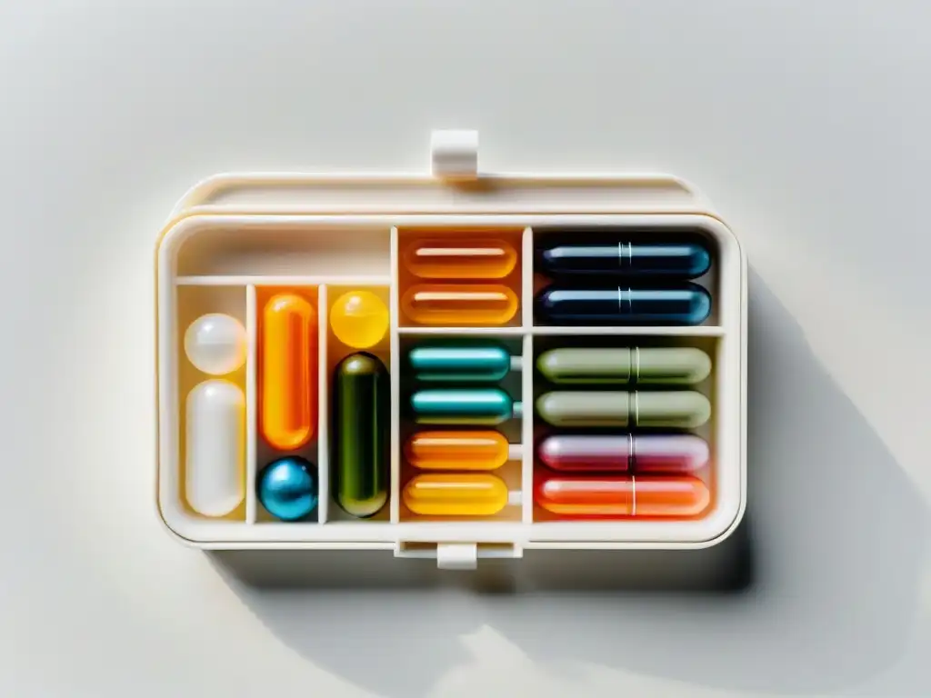 Organizador de pastillas semanal de alta calidad Un moderno organizador de pastillas transparente con suplementos para la memoria y medicación, ordenado y equilibrado