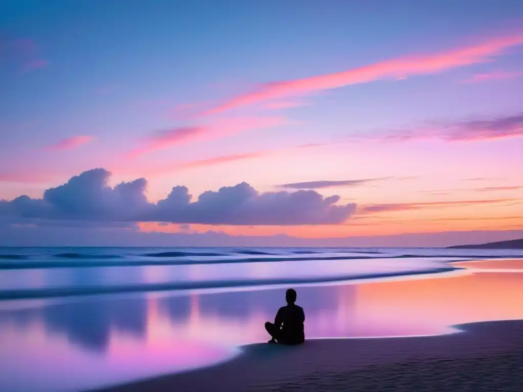 Playa serena al atardecer: paz y serenidad Un momento de paz en una playa al atardecer con tonos suaves de rosa y naranja reflejándose en el agua