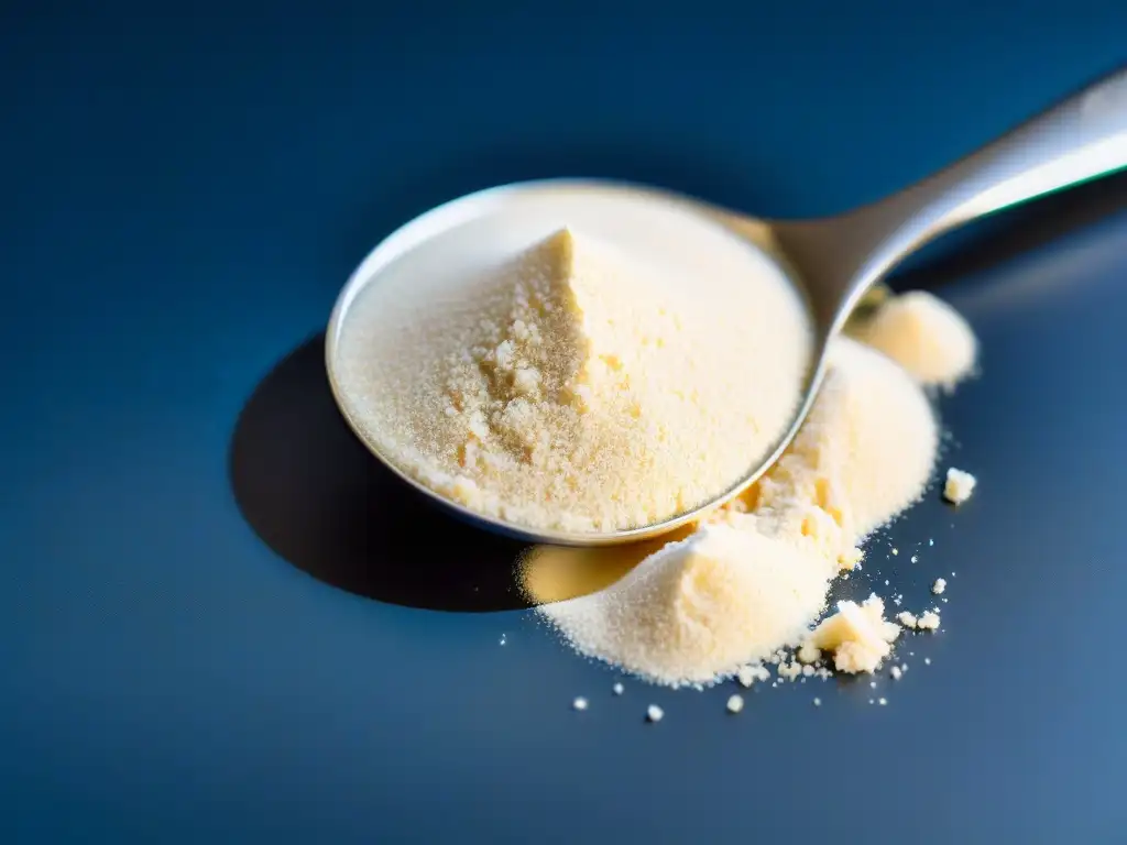 Proteína de caseína micelar: lujo en polvo Una muestra detallada de proteína Micellar Casein catabolismo nocturno sobre un elegante mostrador de cocina, iluminada y exudando lujo