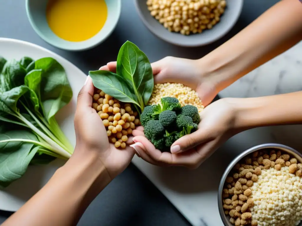 Manos femeninas arreglando alimentos ricos en calcio Una mujer organiza alimentos ricos en calcio en una cocina moderna