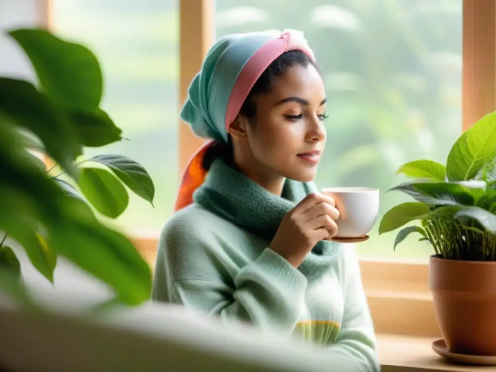 Mujer disfrutando de tranquilidad y calma entre plantas verdes Una mujer en un ambiente luminoso, rodeada de plantas verdes, sosteniendo una taza de té y mirando por la ventana con expresión tranquila