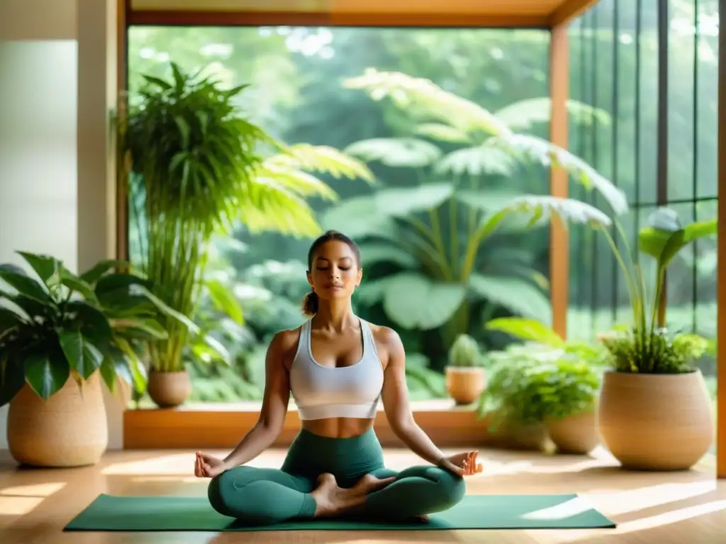 Yoga en casa: serenidad entre plantas Una mujer practica yoga en un ambiente sereno y moderno, rodeada de plantas verdes, irradiando calma y bienestar emocional