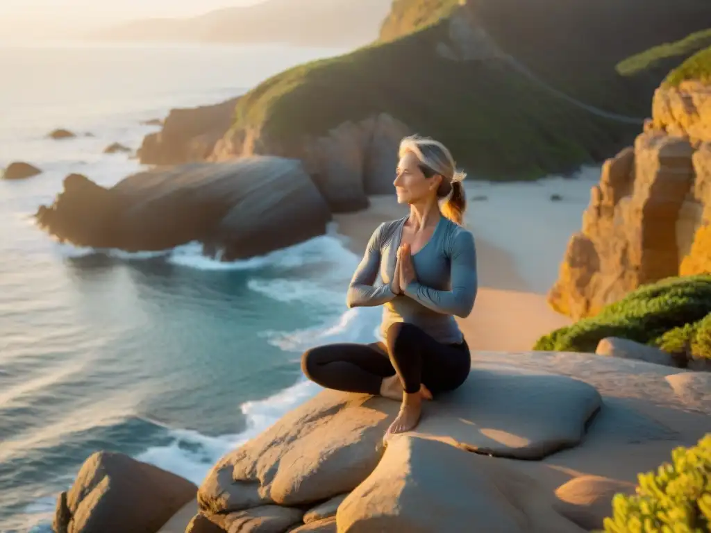 Yoga matutino en acantilado: equilibrio y serenidad a los 50 Una mujer de 50 años practicando yoga en un acantilado con vista al océano, irradiando equilibrio y fuerza interior al amanecer