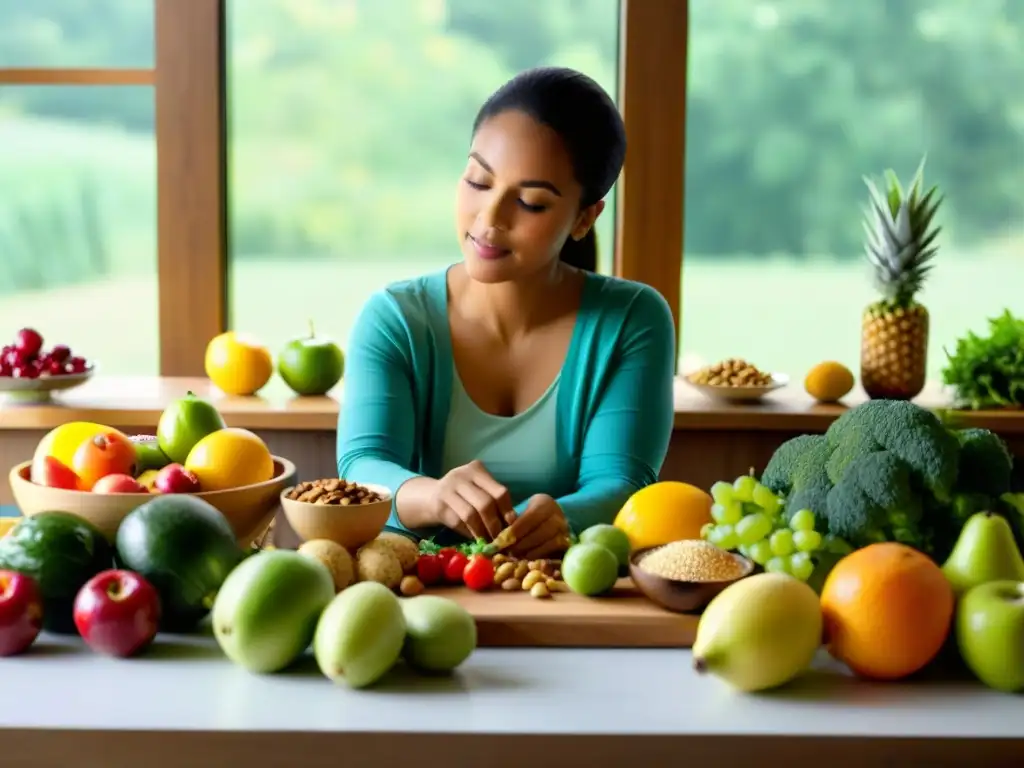 Preparando una comida curativa después de cirugía: cuidado y nutrientes Una mujer prepara cuidadosamente una comida colorida y nutritiva, rodeada de frutas, verduras, nueces y semillas