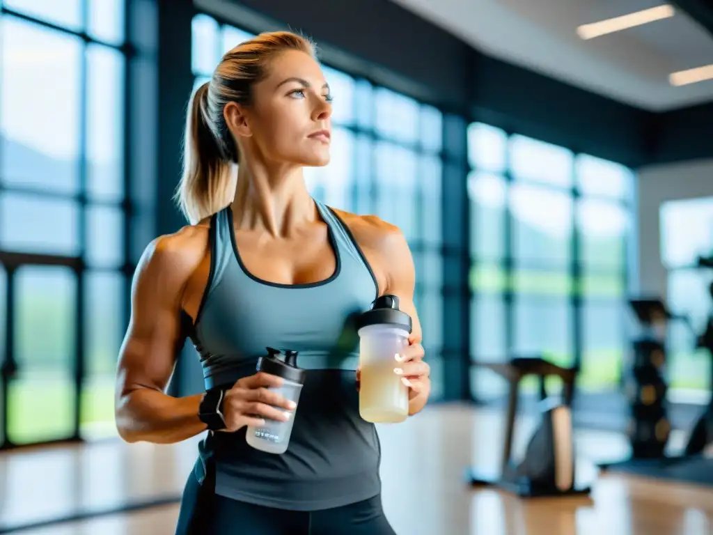Empoderamiento en el gimnasio: mujer determinada rodeada de suplementos Mujer decidida en un gimnasio moderno con suplementos preentrenamiento para mujeres, exudando fuerza y confianza