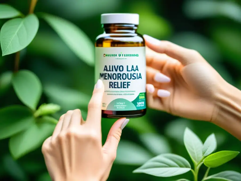 Alivio para la Menopausia: Suplementos Naturales en Mano Una mujer sostiene elegantes suplementos para aliviar menopausia, con diseño minimalista y promesa de bienestar, en un entorno natural y calmado