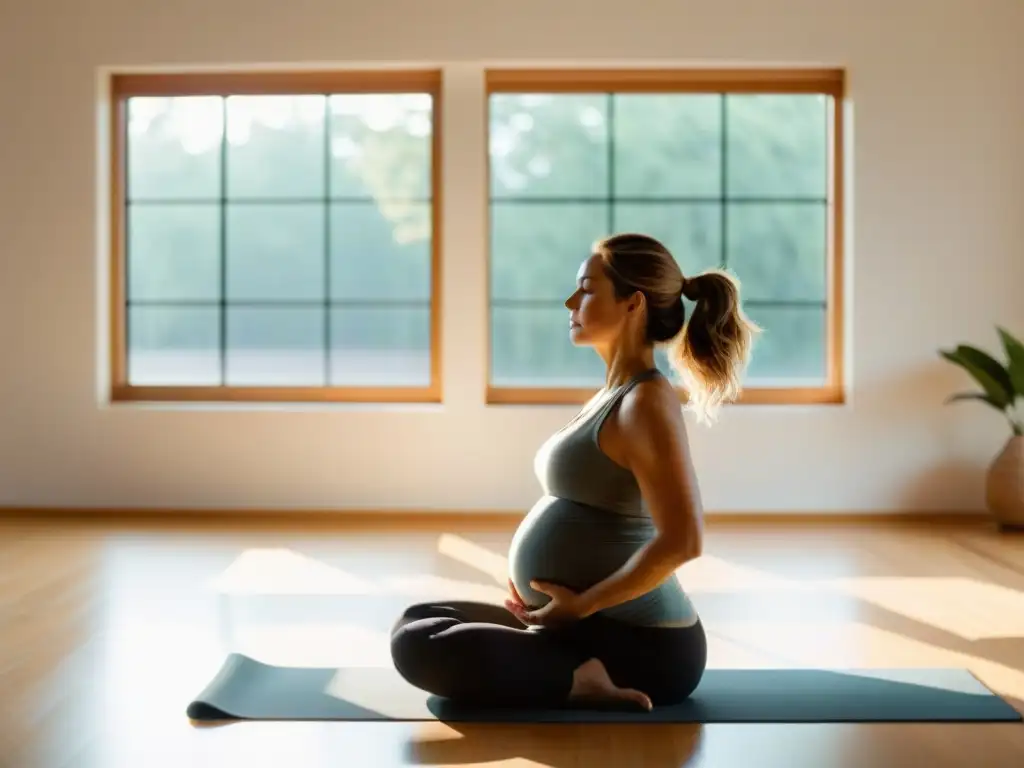 Embarazo sereno: yoga para embarazadas en un estudio moderno Una mujer embarazada practica yoga con elegancia y serenidad en un estudio luminoso y espacioso