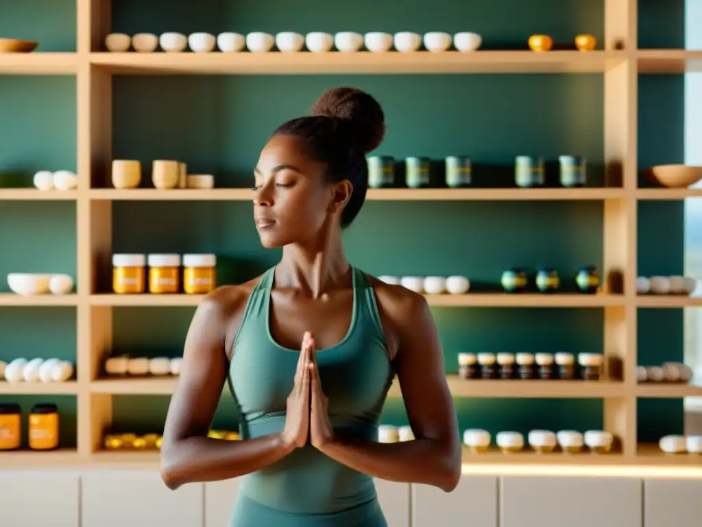 Armonía en casa: mujer en paz practicando yoga rodeada de suplementos Una mujer practica yoga en un espacio luminoso rodeada de suplementos para aliviar menopausia, transmitiendo calma y bienestar