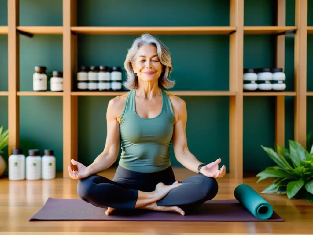 Mujer en su 50s practicando yoga en un estudio sereno Una mujer en sus cincuenta y tantos practica yoga en un estudio lleno de plantas, con estanterías de suplementos para aliviar menopausia