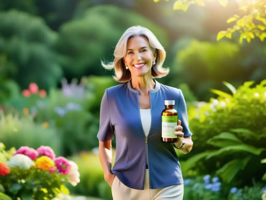 Suplemento natural para la menopausia: vitalidad en el jardín Mujer feliz de 50 años en jardín soleado, sosteniendo suplementos para menopausia efectivos