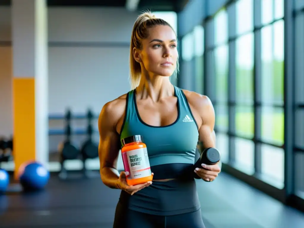 Preparándose para el entrenamiento: mujer fuerte en el gimnasio Una mujer fuerte y determinada en un gimnasio moderno, lista para entrenar con suplementos preentrenamiento para mujeres