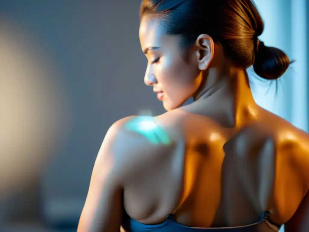 Relajante masaje con gel para alivio muscular Una mujer aplica gel para aliviar dolores musculares en sus hombros en un ambiente relajante y terapéutico