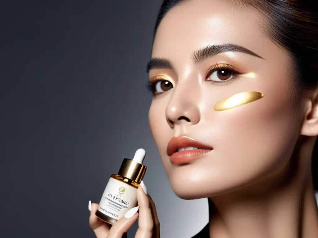 Aplicación de serum antienvejecimiento: belleza atemporal y sofisticada Una mujer aplica un lujoso suero antiedad, mostrando confianza y vitalidad