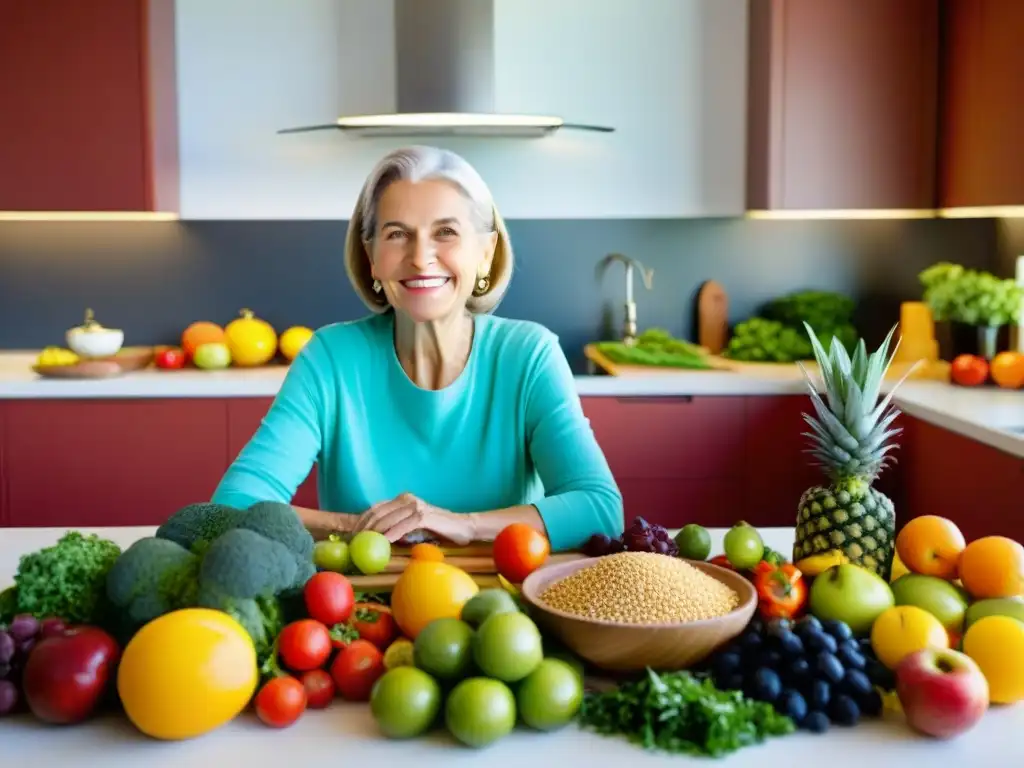 Preparando un Almuerzo Nutritivo: Sonrisa Radiante en la Cocina Una mujer mayor sonriente prepara alimentos saludables rodeada de frutas, verduras y granos enteros