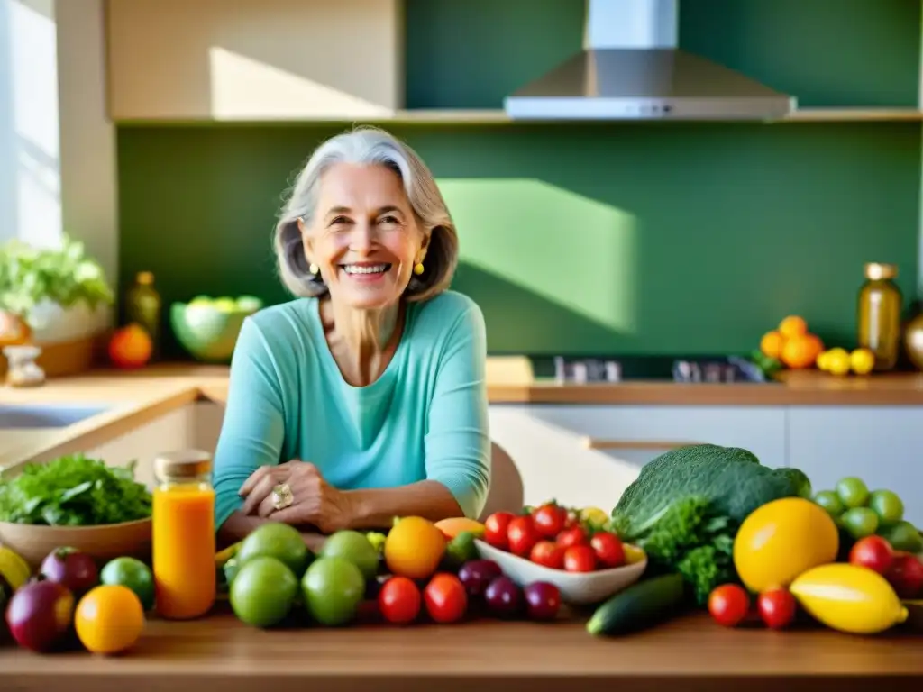 Vitalidad en la vejez: preparando una comida saludable y colorida Una mujer mayor sonriente prepara una comida saludable rodeada de frutas, verduras y suplementos