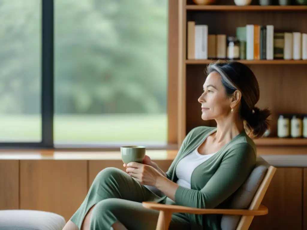 Empoderamiento en la menopausia: abrazando la transición con serenidad Una mujer moderna en sus cuarenta disfruta de tranquilidad, sosteniendo una taza de té herbal
