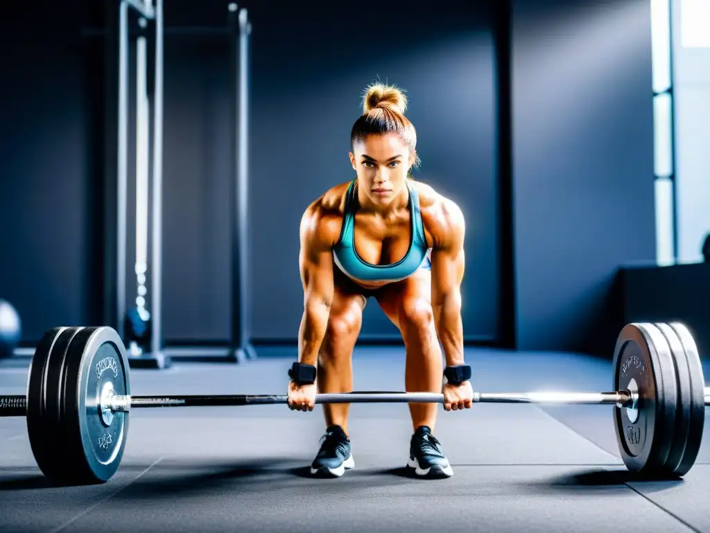 Poder femenino: levantando pesas con determinación en un gimnasio moderno Una mujer levanta pesas con determinación en un gimnasio moderno y luminoso, mostrando los beneficios BCAAs para levantadores de peso