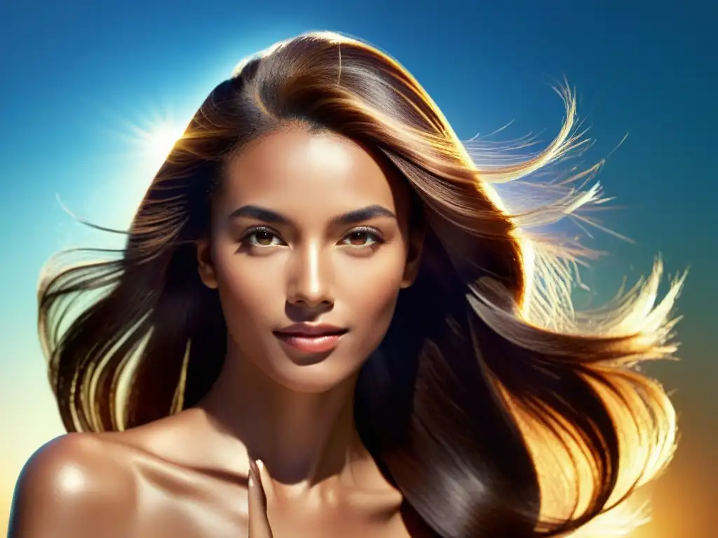 Brillo radiante: mujer feliz con cabello saludable y luminoso Una mujer radiante acaricia su cabello sano con luz solar, mostrando los resultados de suplementos para prevenir pérdida de cabello