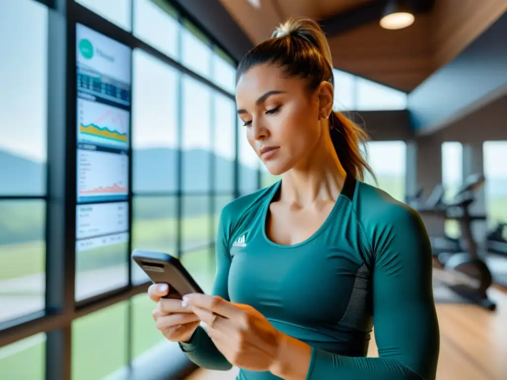 Supervisión de suplementos: tecnología para un rendimiento óptimo Una mujer en ropa deportiva usa una aplicación de gestión de suplementos con gráficos mostrando datos de su rendimiento y salud