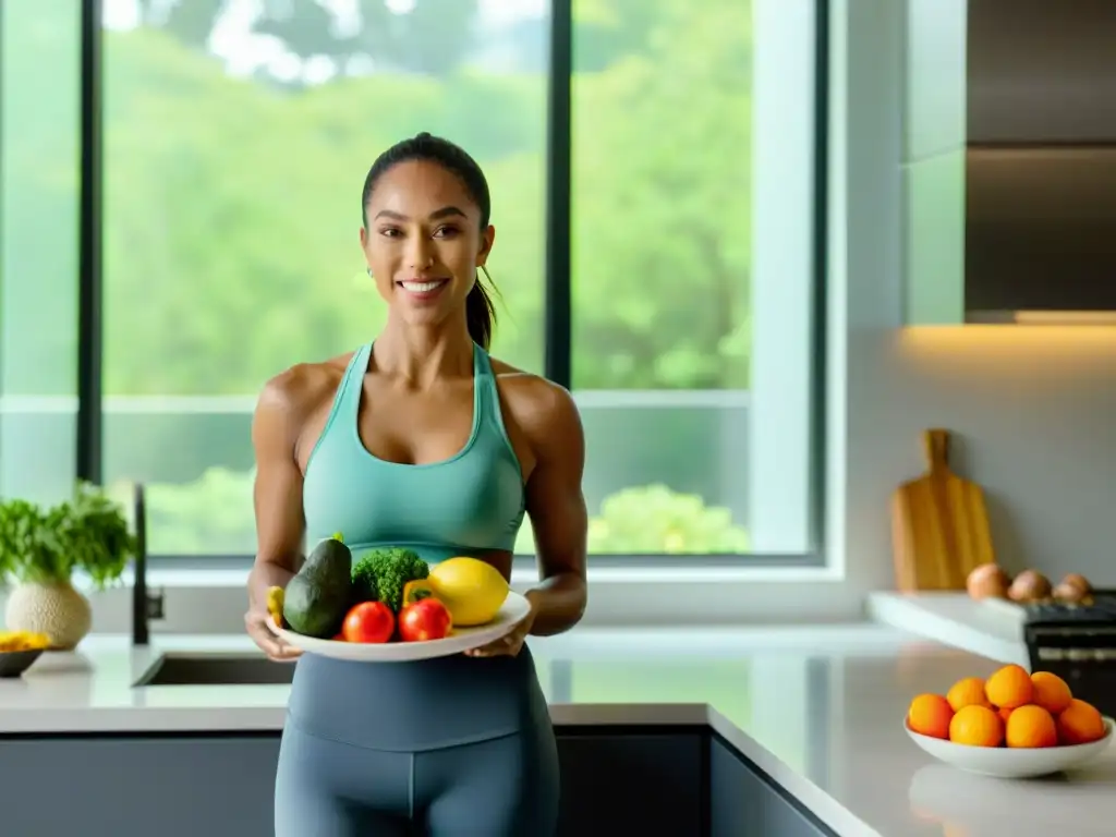 Preparación de comida saludable con confianza en cocina moderna Una mujer en ropa deportiva prepara una comida saludable con suplementos para mujeres en Keto en una cocina moderna y luminosa