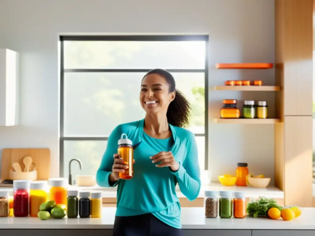 Mujer activa toma sus suplementos en una cocina vibrante Una mujer en ropa deportiva sonríe con confianza en una cocina minimalista y luminosa, rodeada de suplementos y vitaminas organizados
