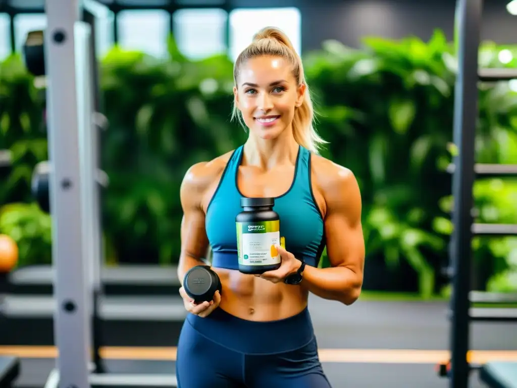 Empoderamiento femenino a través de la suplementación deportiva Una mujer en ropa deportiva sostiene suplementos nutricionales para mujeres deportistas en un gimnasio moderno, irradiando confianza y determinación