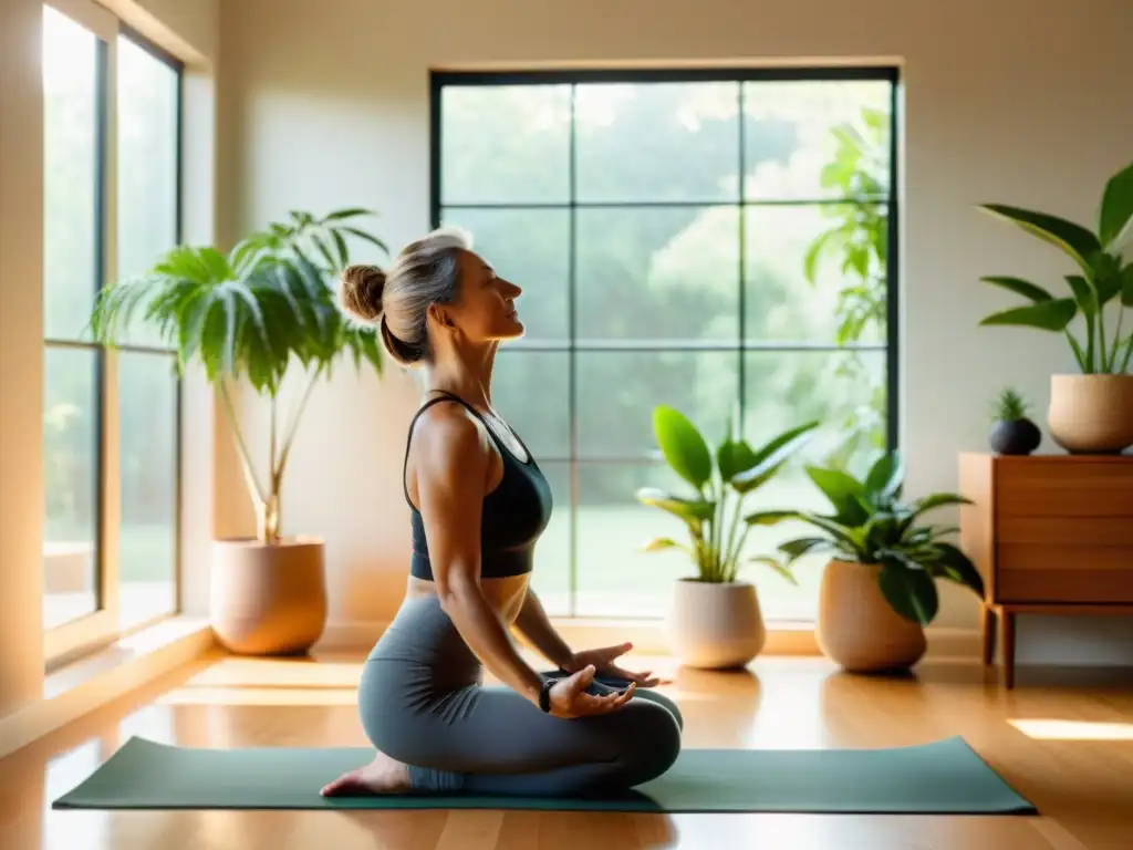 Mujer de 50 años practicando yoga en un ambiente minimalista y sereno Una mujer practica yoga en su sala minimalista iluminada por el sol, rodeada de plantas