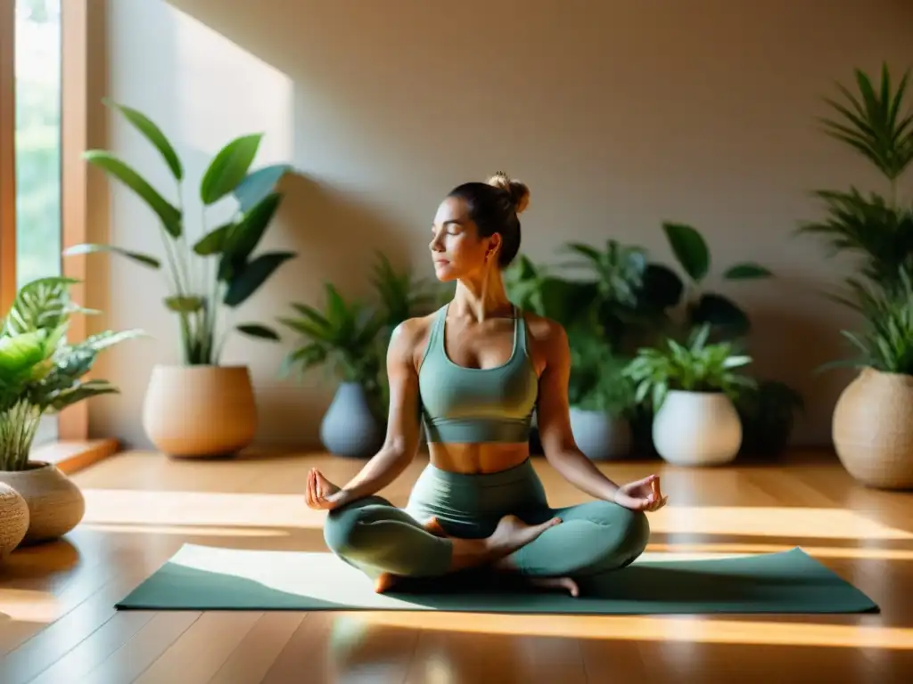 Yoga en la menopausia: empoderamiento y calma en 8k Una mujer serena practica yoga en una habitación llena de luz natural y plantas