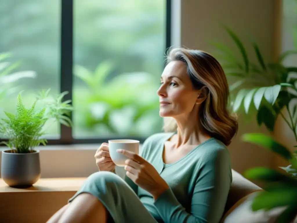 Tranquilidad y bienestar: alivio para la menopausia Una mujer serena en su sala bien iluminada, tomando té y disfrutando de la calma