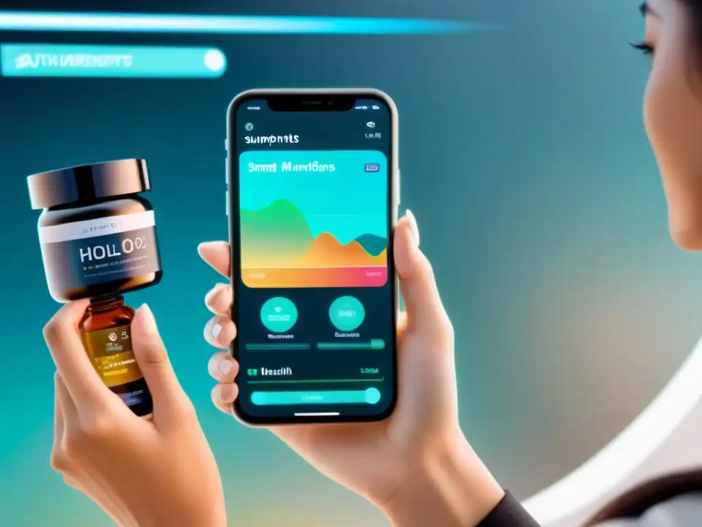 Suplementos inteligentes: salud futurista y sonrisas Una mujer sonriente interactúa con un holograma de salud sobre suplementos inteligentes con comunicación, en un entorno futurista y minimalista