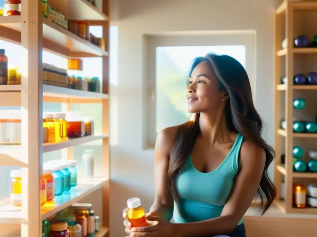 Rutina diaria de suplementos: bienestar y serenidad Una mujer tranquila toma suplementos nutricionales para combatir la fatiga crónica en una habitación soleada llena de coloridas botellas