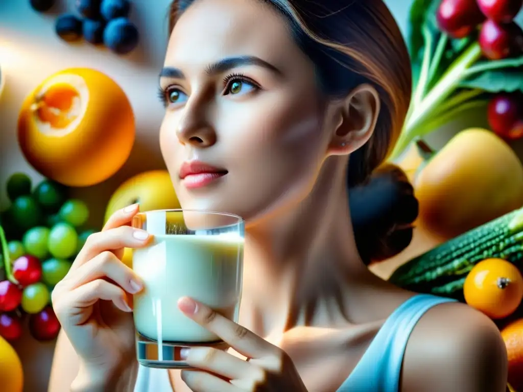 Vitamina D radiante: mujer con leche fortificada y joyas modernas Una mujer sostiene un vaso de leche fortificada con frutas y verduras