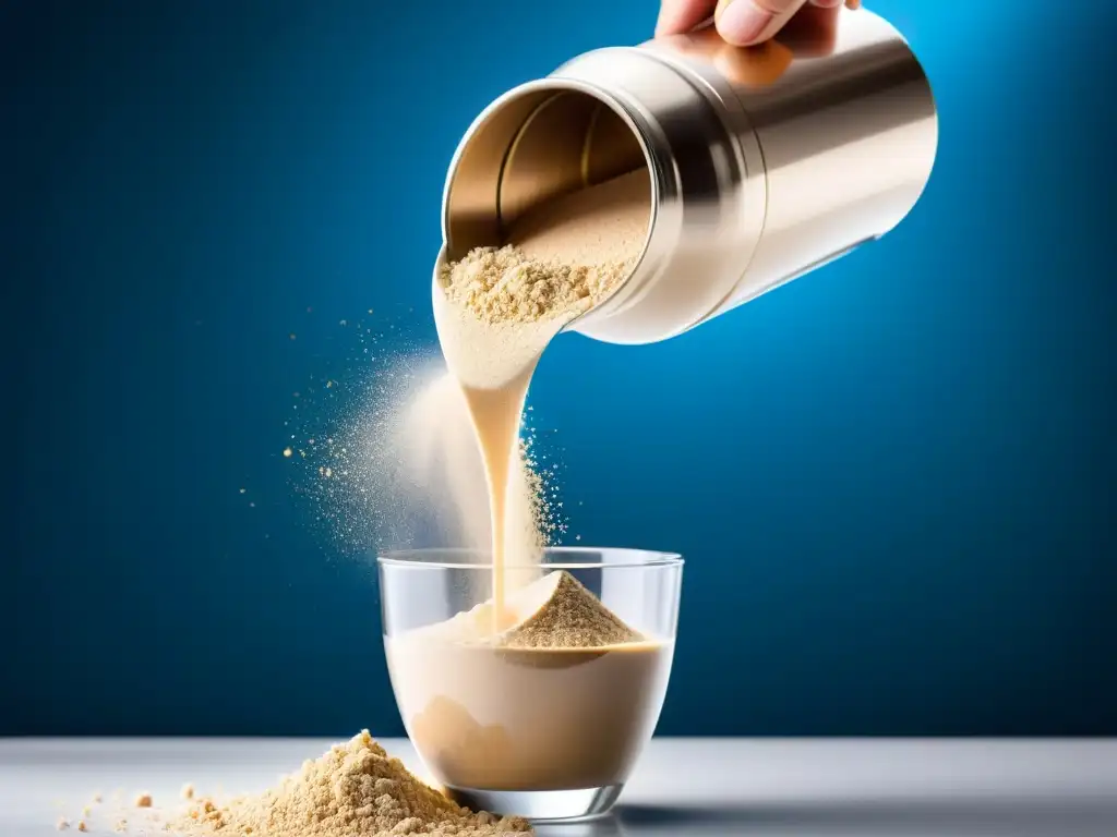 Proteína en movimiento: polvo vibrante en botella clara Suplementación muscular con proteínas en polvo: Imagen detallada de proteína en polvo cayendo en una botella, con luz dinámica y energía
