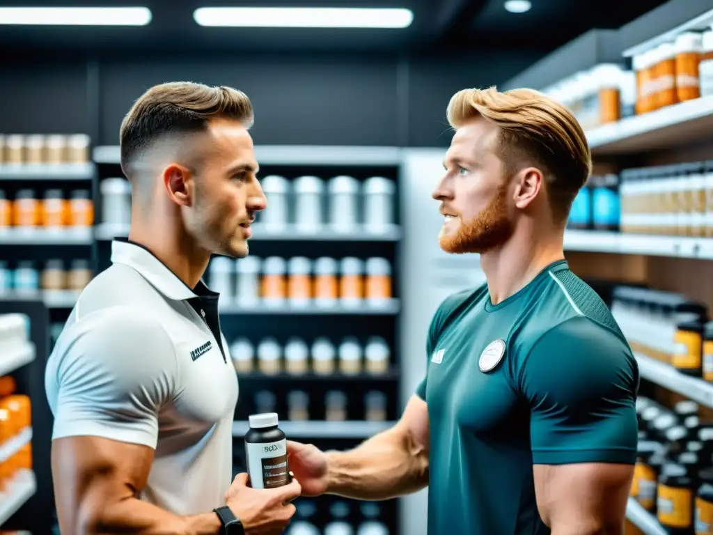 Nutricionista profesional y atleta en clínica de suplementos deportivos Nutricionista y atleta interactúan en clínica moderna, rodeados de suplementos deportivos