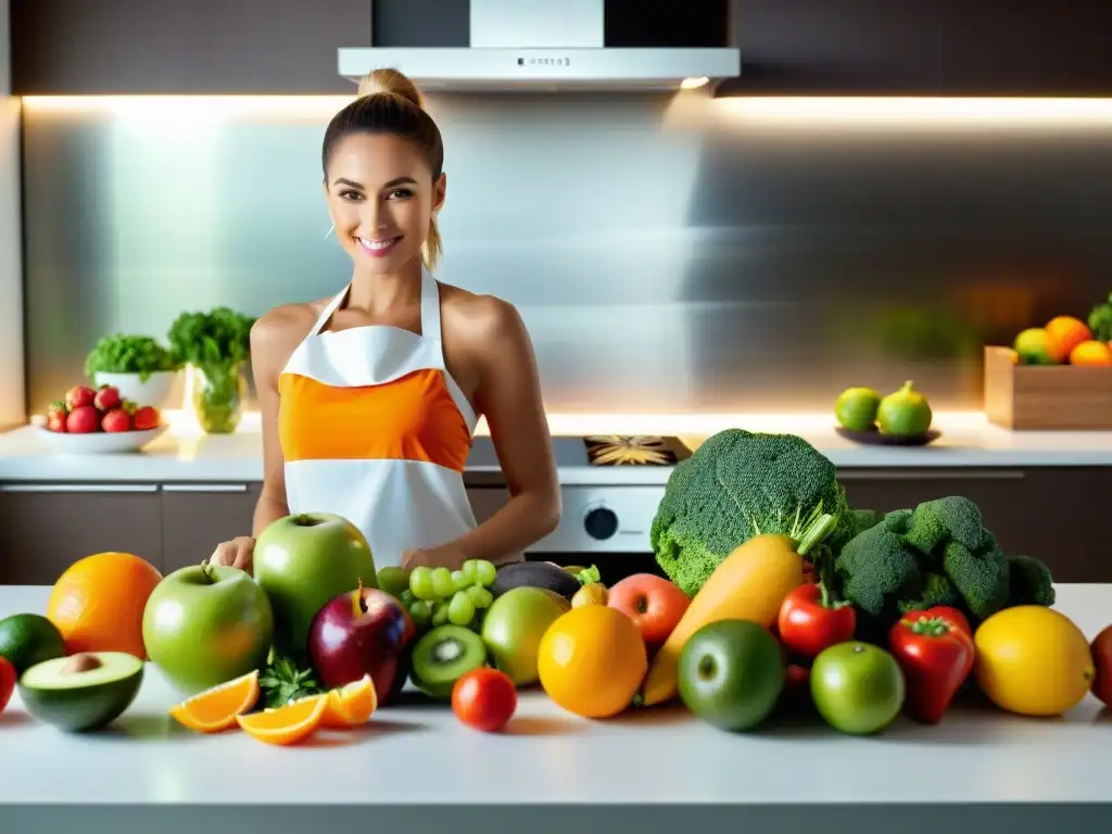 Nutricionista experta mezcla de ingredientes saludables Nutricionista creando pares perfectos dieta suplementos con frutas, verduras y vitaminas en cocina moderna