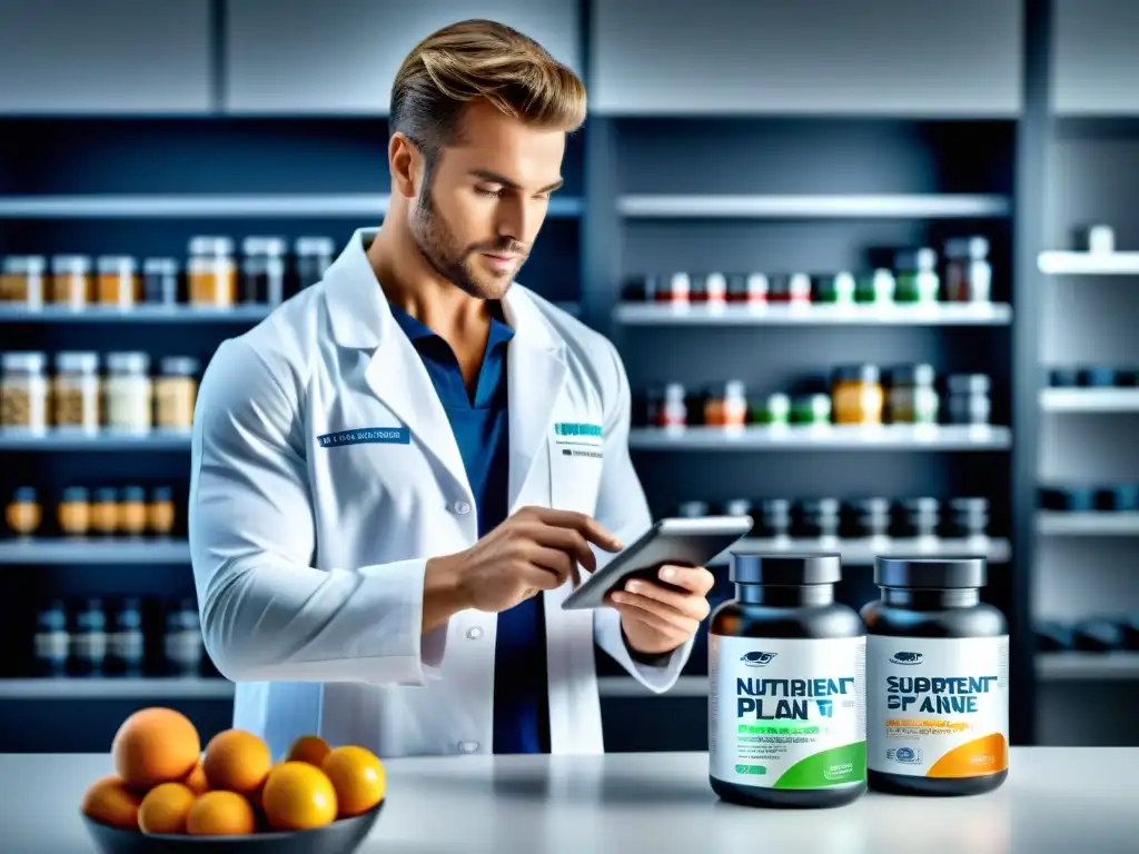 Nutricionista experto crea plan de suplementos personalizado para atleta Nutricionista personalizando suplementos deportivos con precisión en laboratorio moderno