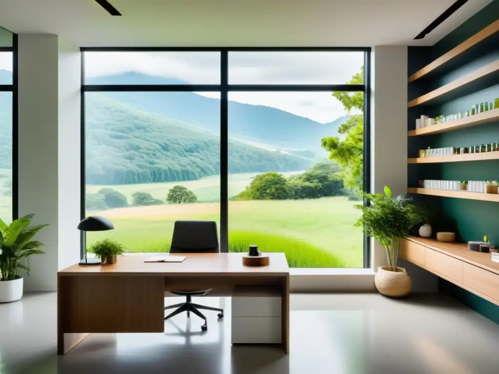 Oficina moderna y serena con vista relajante Oficina moderna con suplementos para aliviar el estrés y vista a la naturaleza