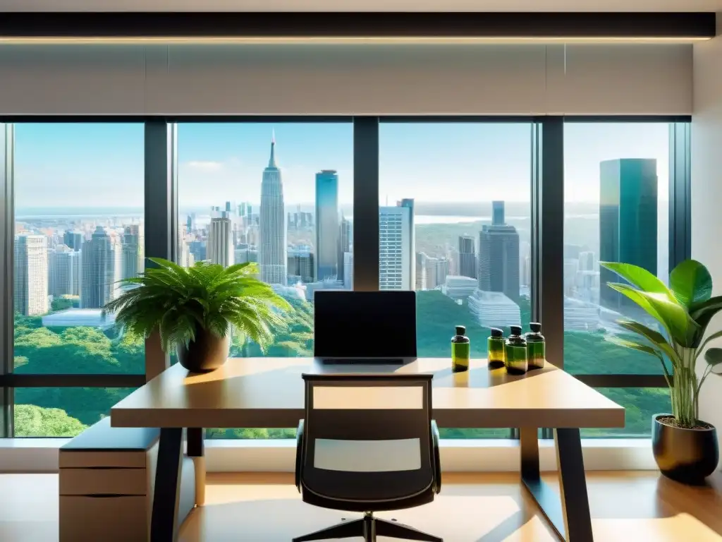 Oficina moderna con vista panorámica y ambiente tranquilo Oficina moderna con suplementos nutricionales para estrés laboral, vista panorámica a la ciudad y ambiente tranquilo y productivo
