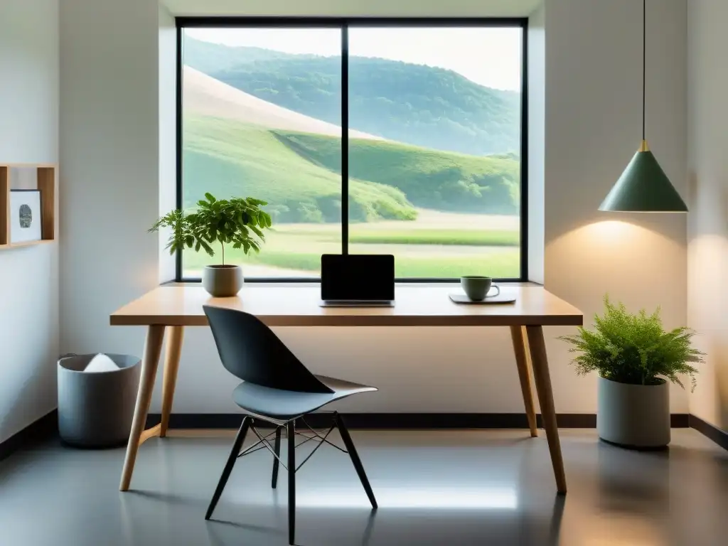 Oficina moderna con vista serena y balanceada Oficina moderna con vista a la naturaleza, transmitiendo calma y equilibrio