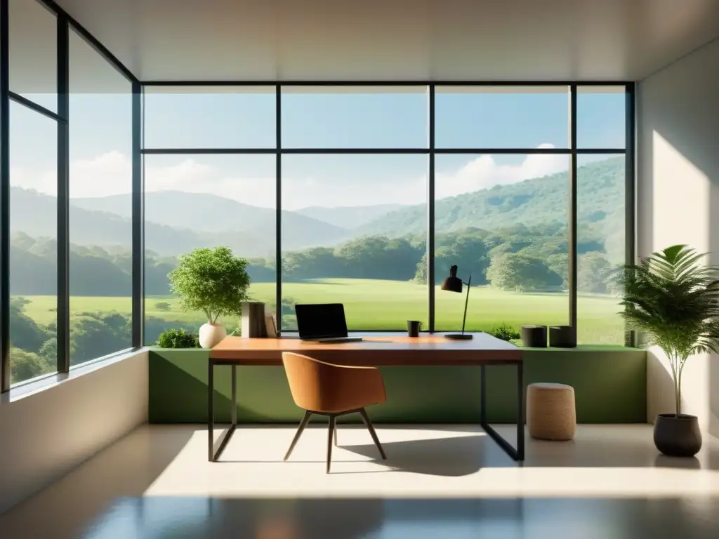 Oficina minimalista con vistas panorámicas y tranquilidad Oficina moderna con vista a un paisaje verde, organizada y tranquila, ideal para usar suplementos para aliviar el estrés